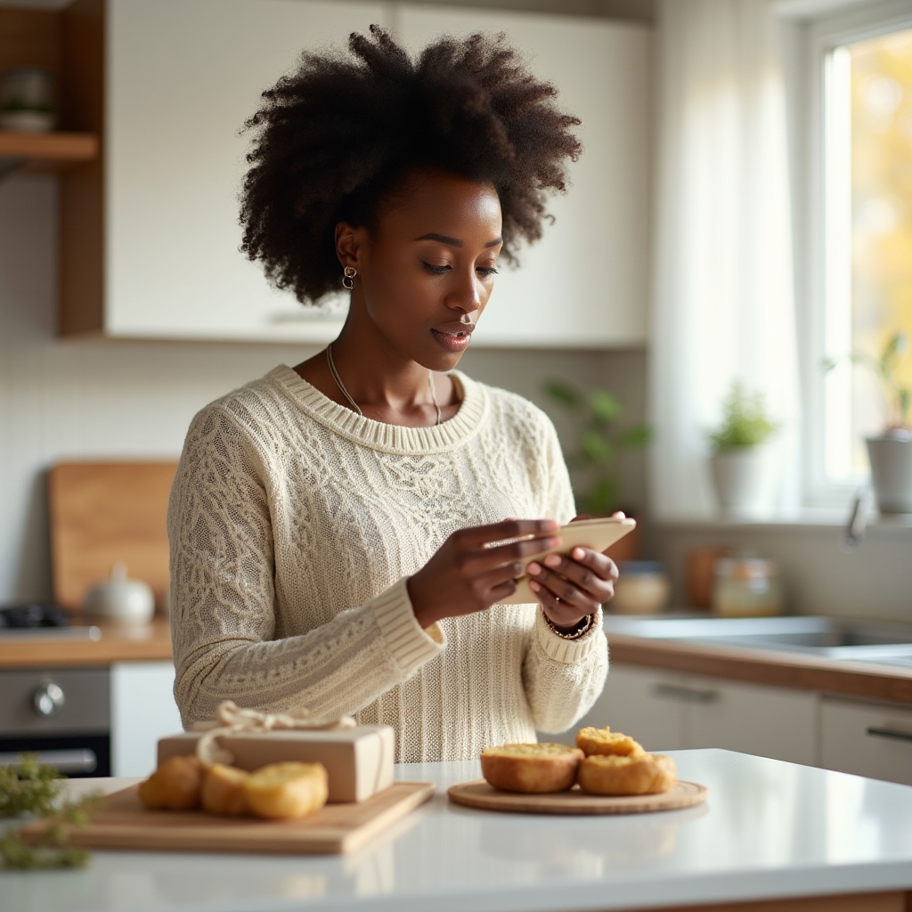 Author examining a food package in a kitchen setting