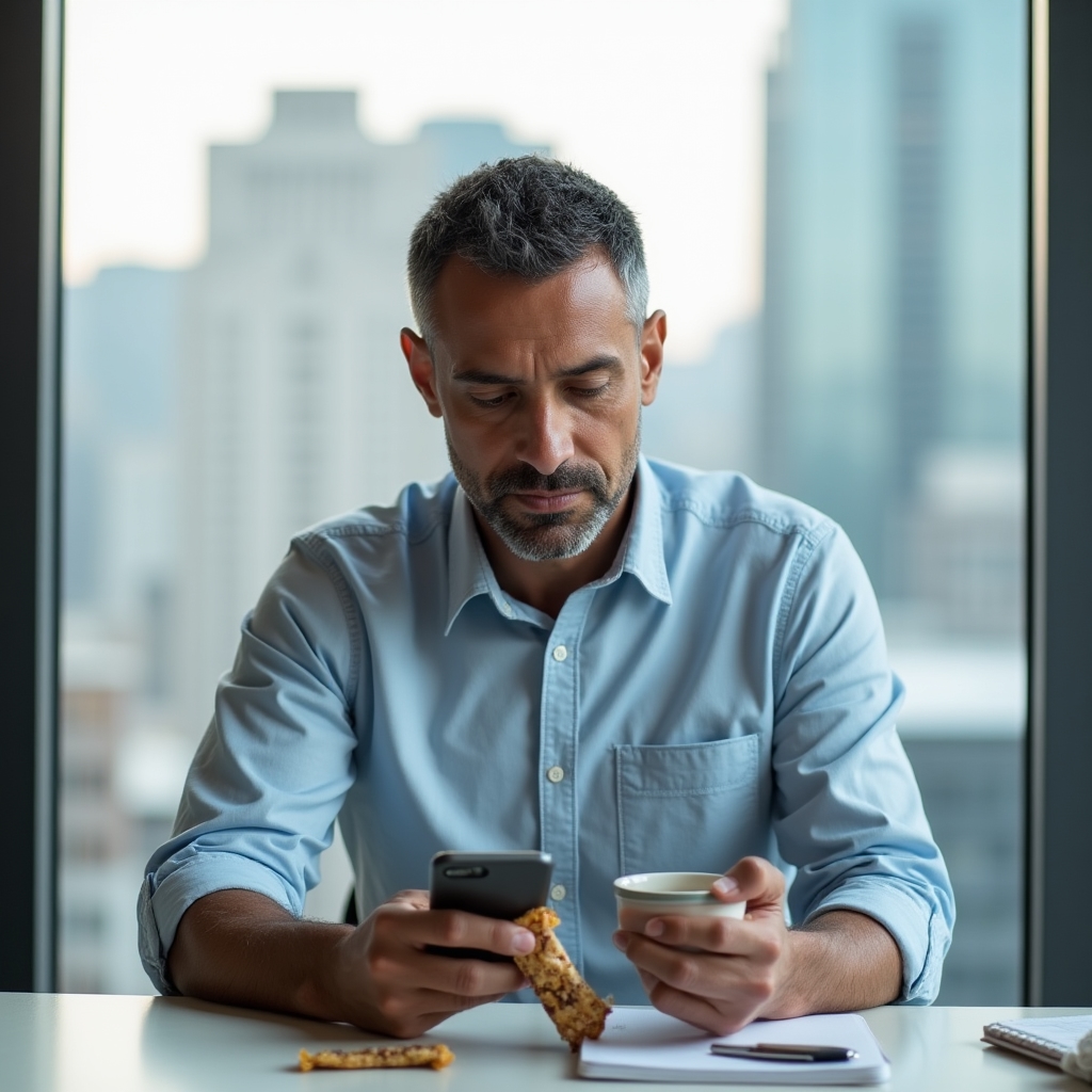 Person at a desk planning grocery shopping with a notebook and phone