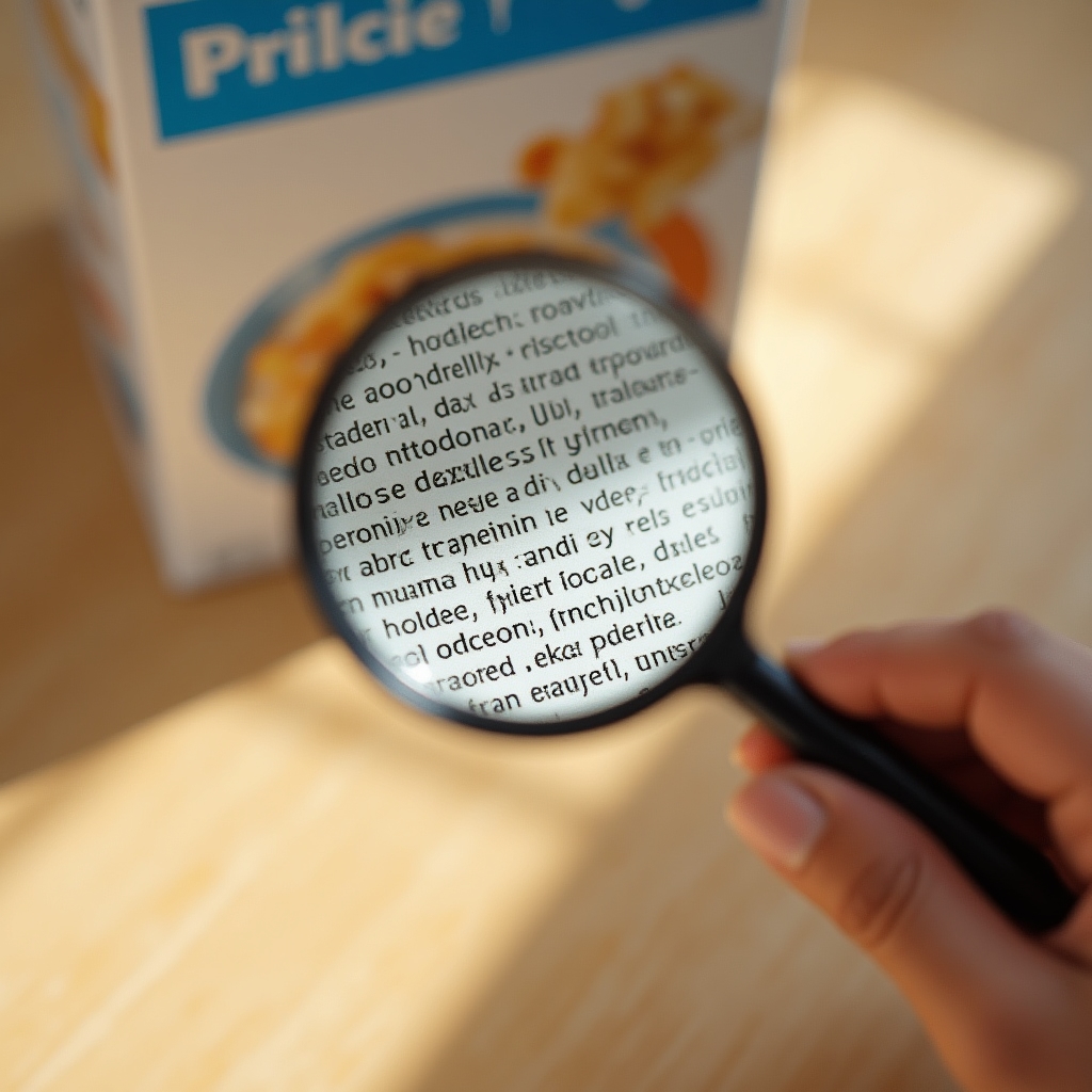 Magnified ingredient list on a cereal box showing multiple sugar names