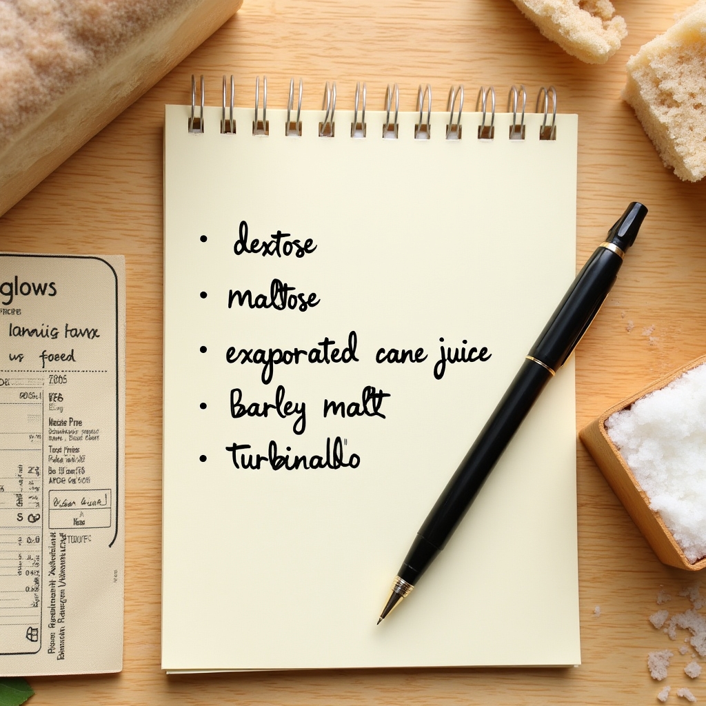 Handwritten list of alternative sugar names on a notepad